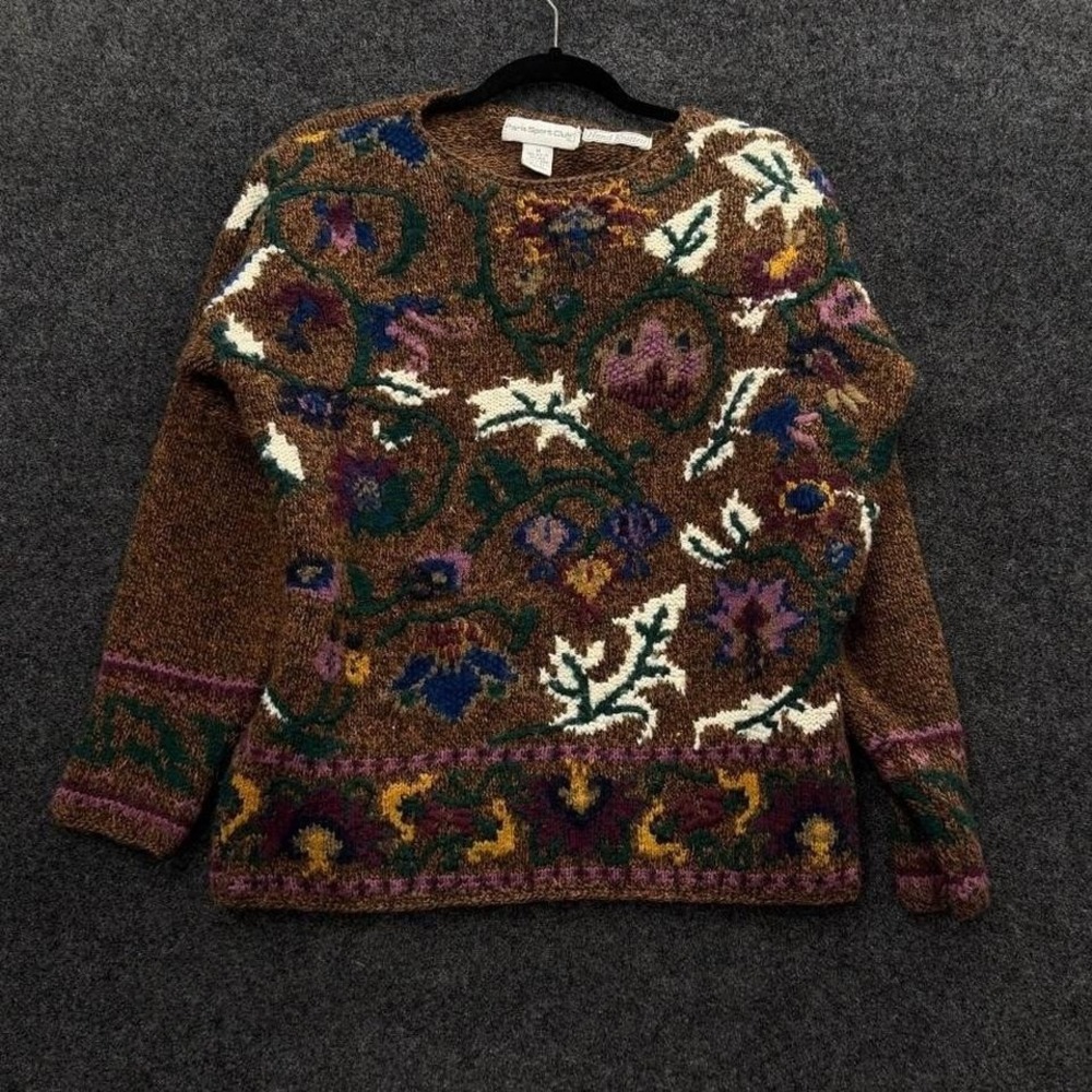 Vintage Paris Sport Club Hand Knit Sweater Women's Medium Brown Floral Boho